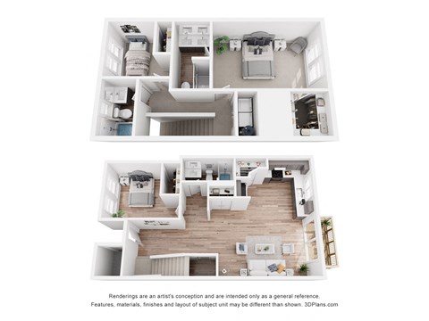 Floor plan for 3 beds, 3 baths, 1288 sqft